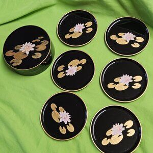 Coaster Set of 6 Otagiri Lotus Lacquerware 4.25" Coasters with Matching Box